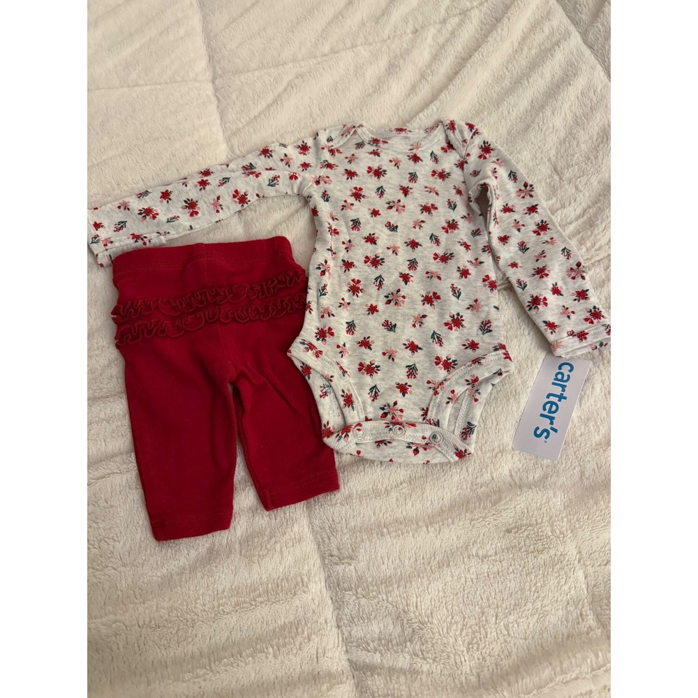 Carters Newborn 2 Piece Floral Bodysuit and Ruffle Pants Set Red Gray NWT